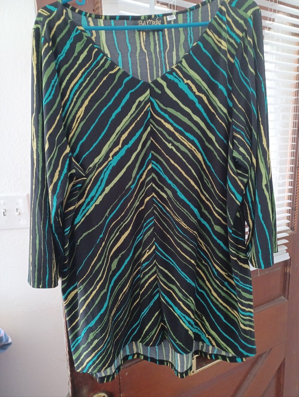 V-Neck Striped Tunic in Black with Teal & Lime Accents